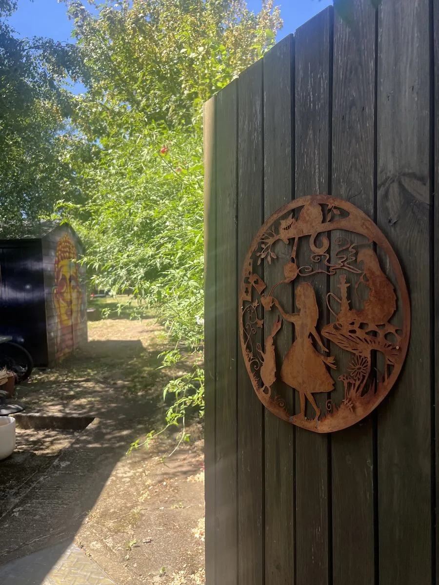 The welcome gate at the entrance to the studio garden
